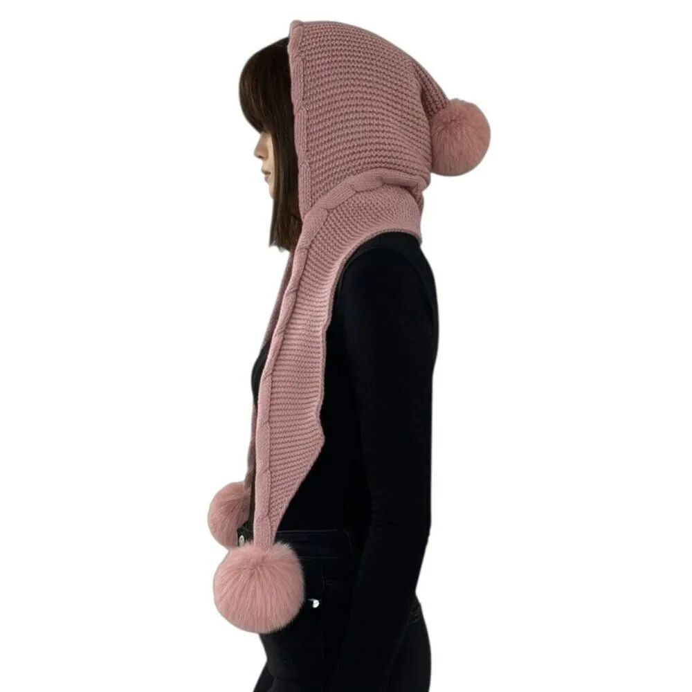 Pink Knitted Hooded Scarf Faux Fur Pom Pom Winter Hat  NWT
